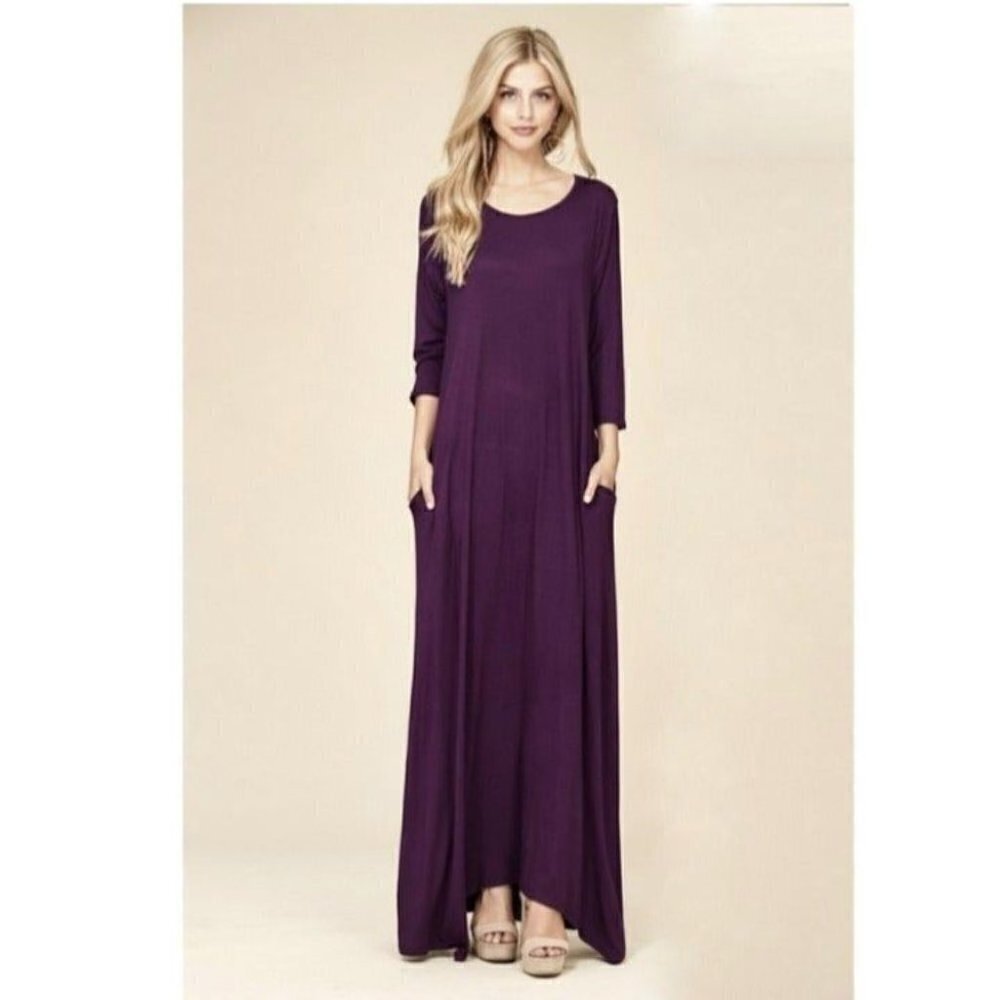 Maxi Dress by Annabelle 3/4 Sleeve w/Pockets Burgundy Wine Anthra Hi Low Size M